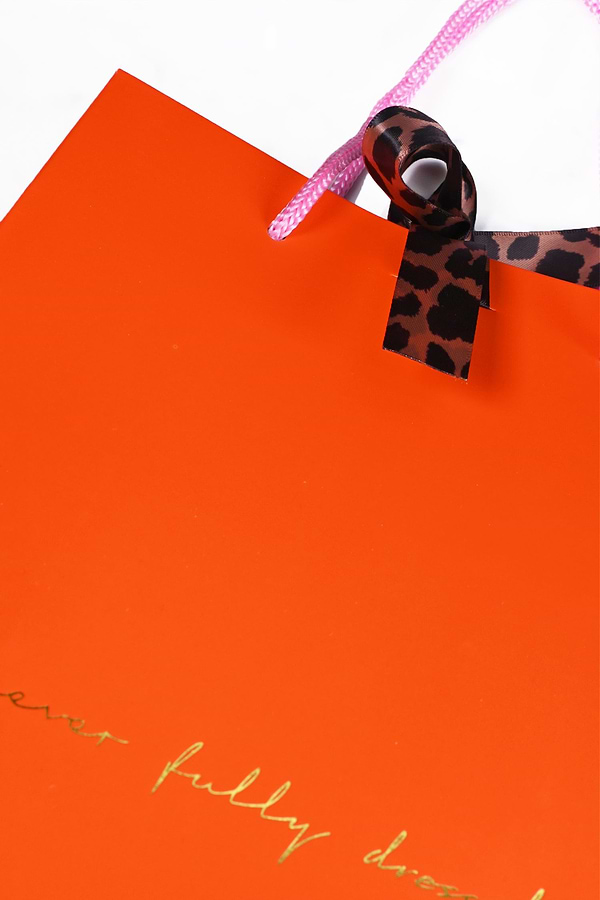 Orange NFD gift bag featuring gold foil branding, signature leopard print ties and pink cord handles.