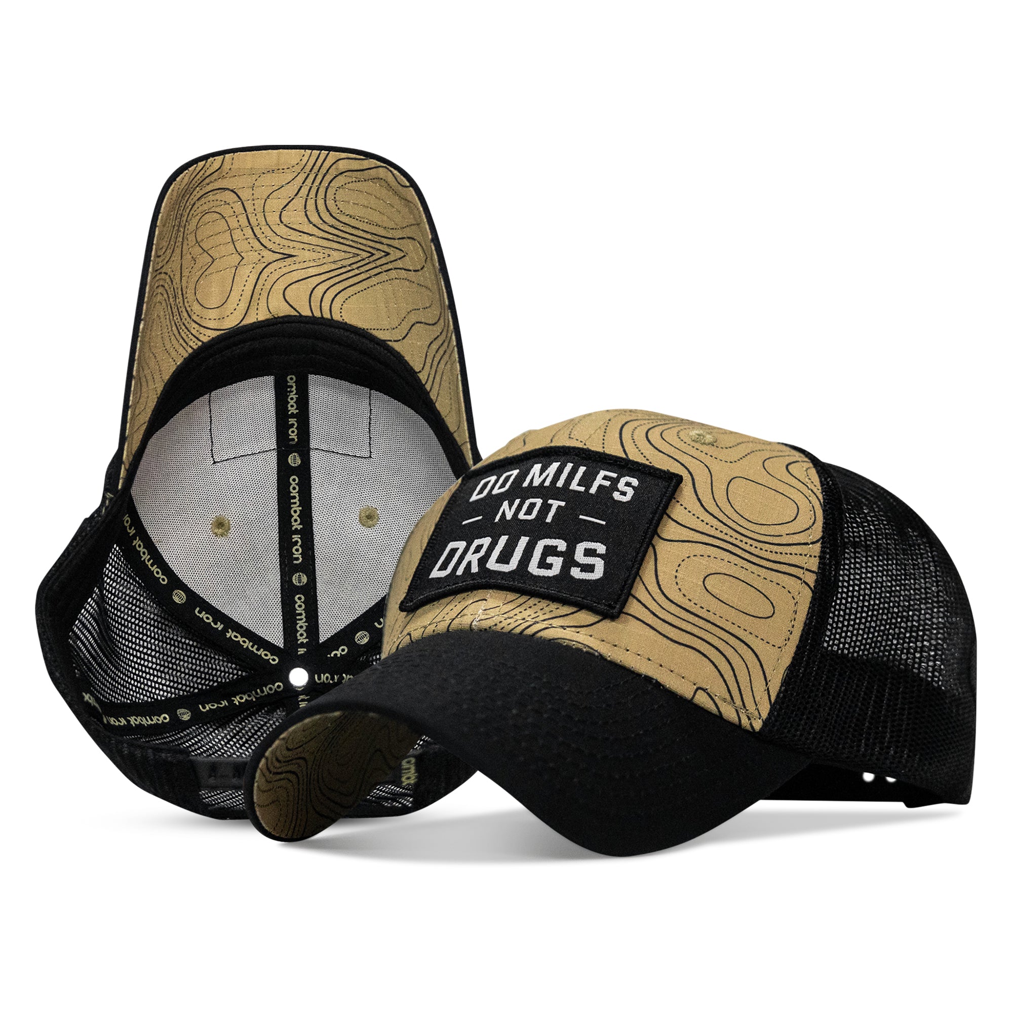 Do MILFS Not Drugs patch hat in Black and Tan Topography