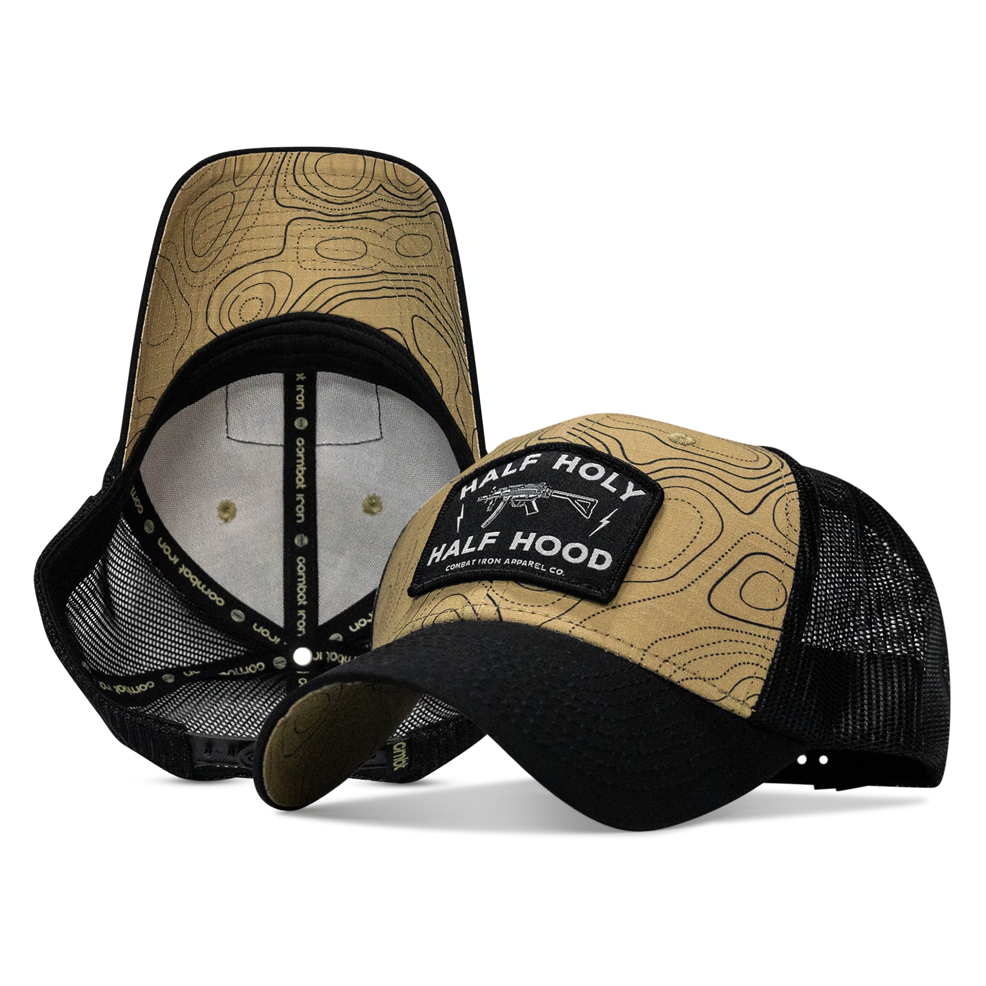 Half Holy Half Hood patch hat in Black and Tan Topography