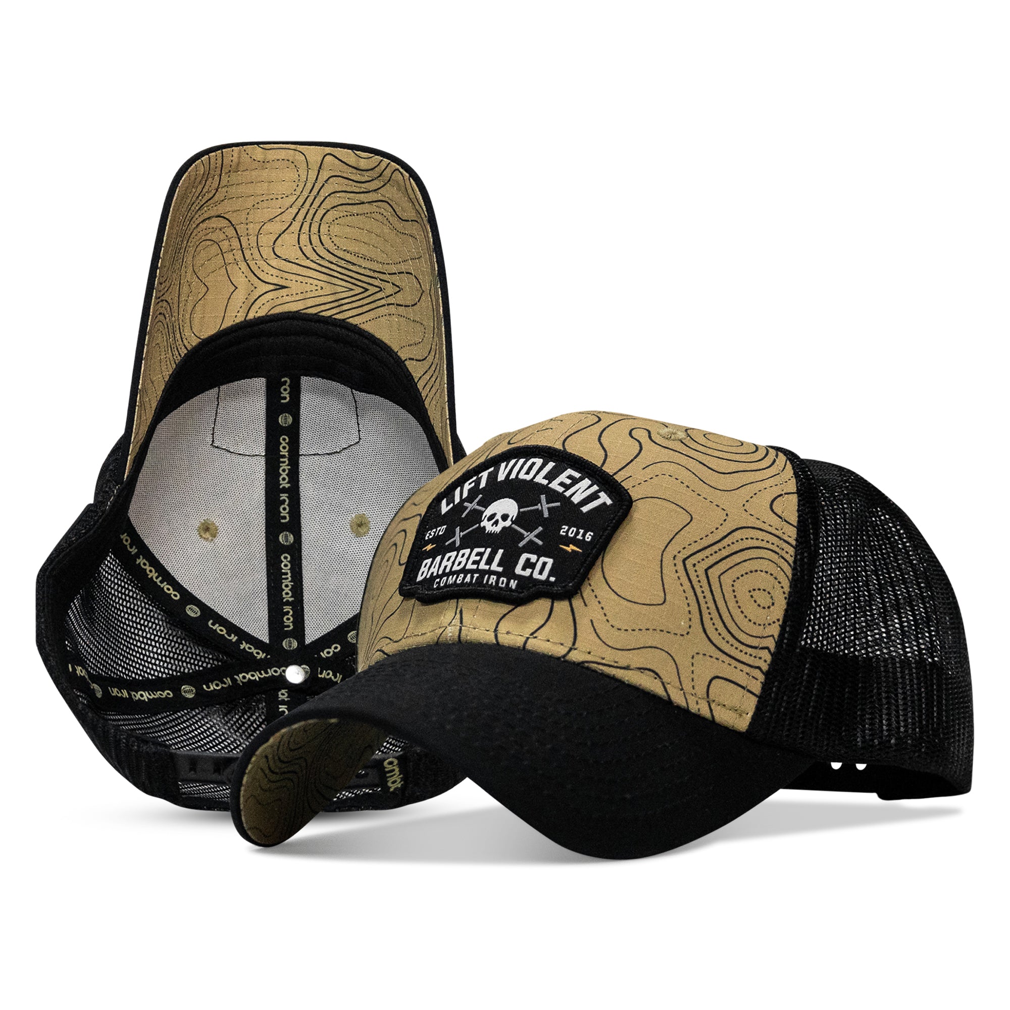 Lift Violent Barbell Co patch hat in Black and Tan Topography