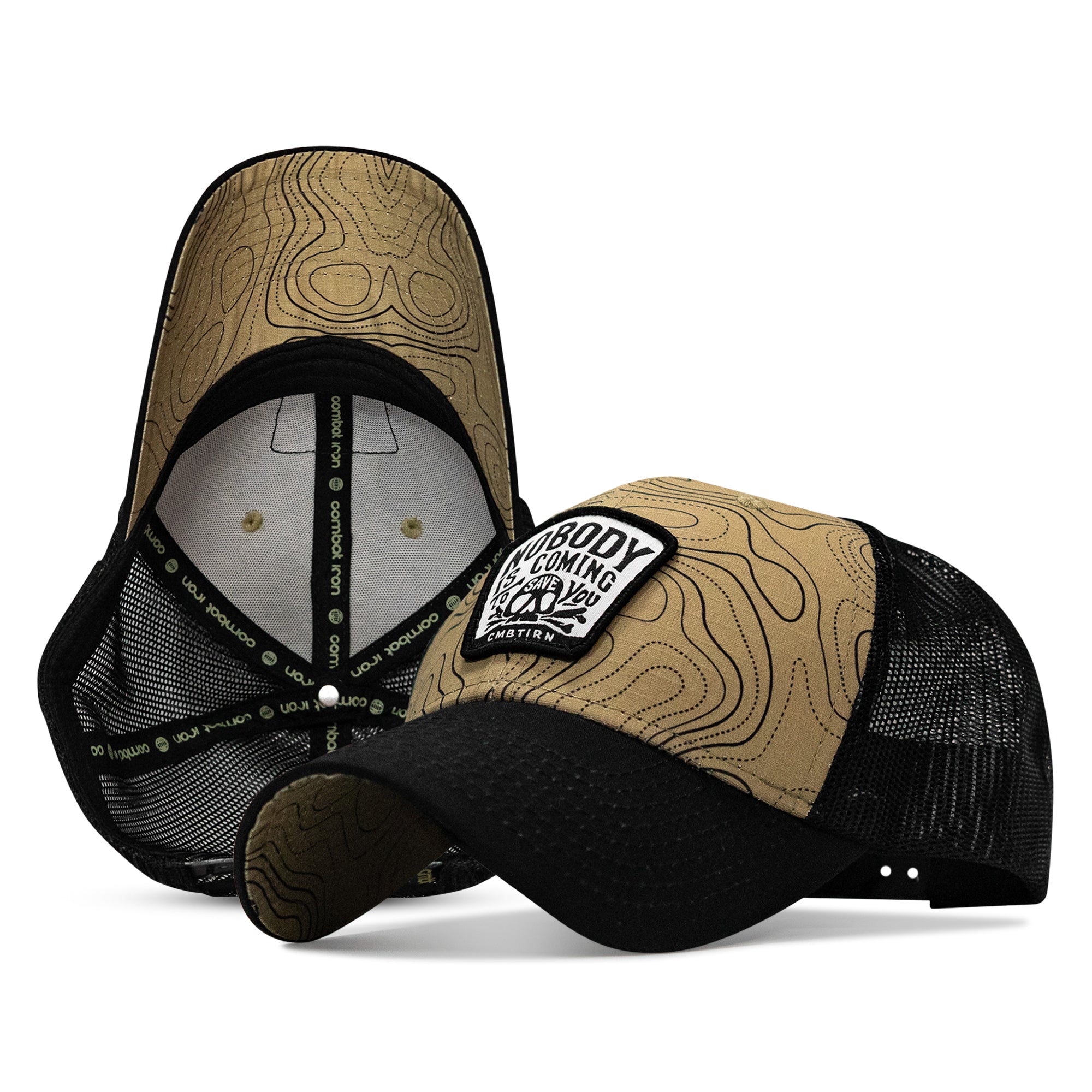 Nobody Is Coming To Save You Skull patch hat in Black and Tan Topography