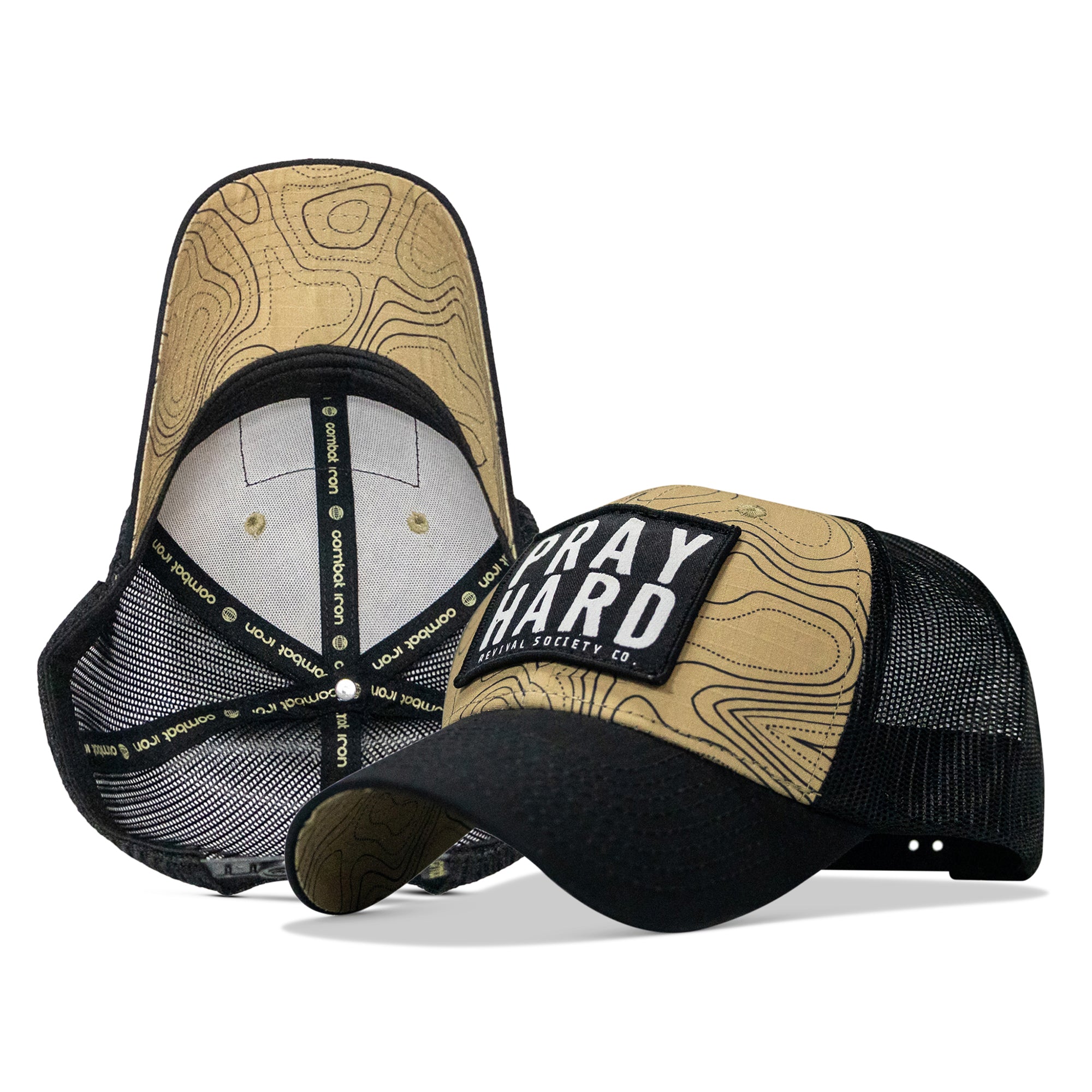 Pray Hard patch hat in Black and Tan Topography