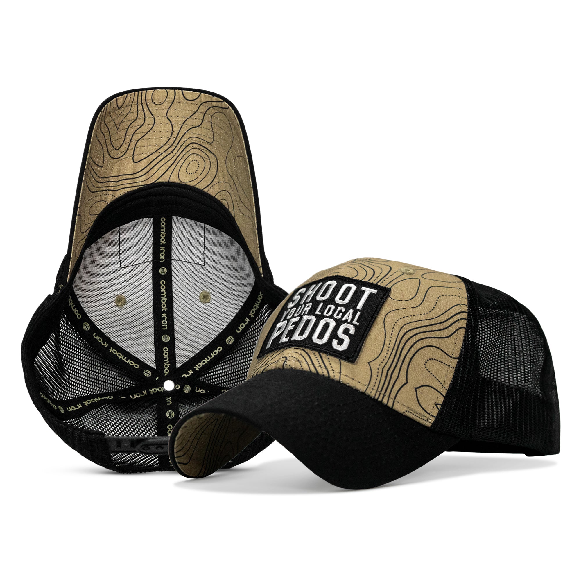 Shoot Your Local Pedos patch hat in Black and Tan Topography