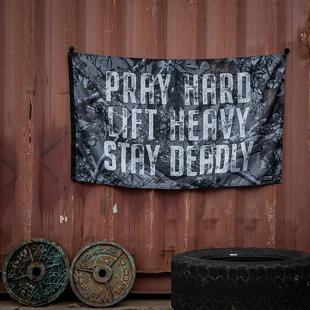 Pray Hard. Lift Heavy. Stay Deadly. 3' x 5' Flag