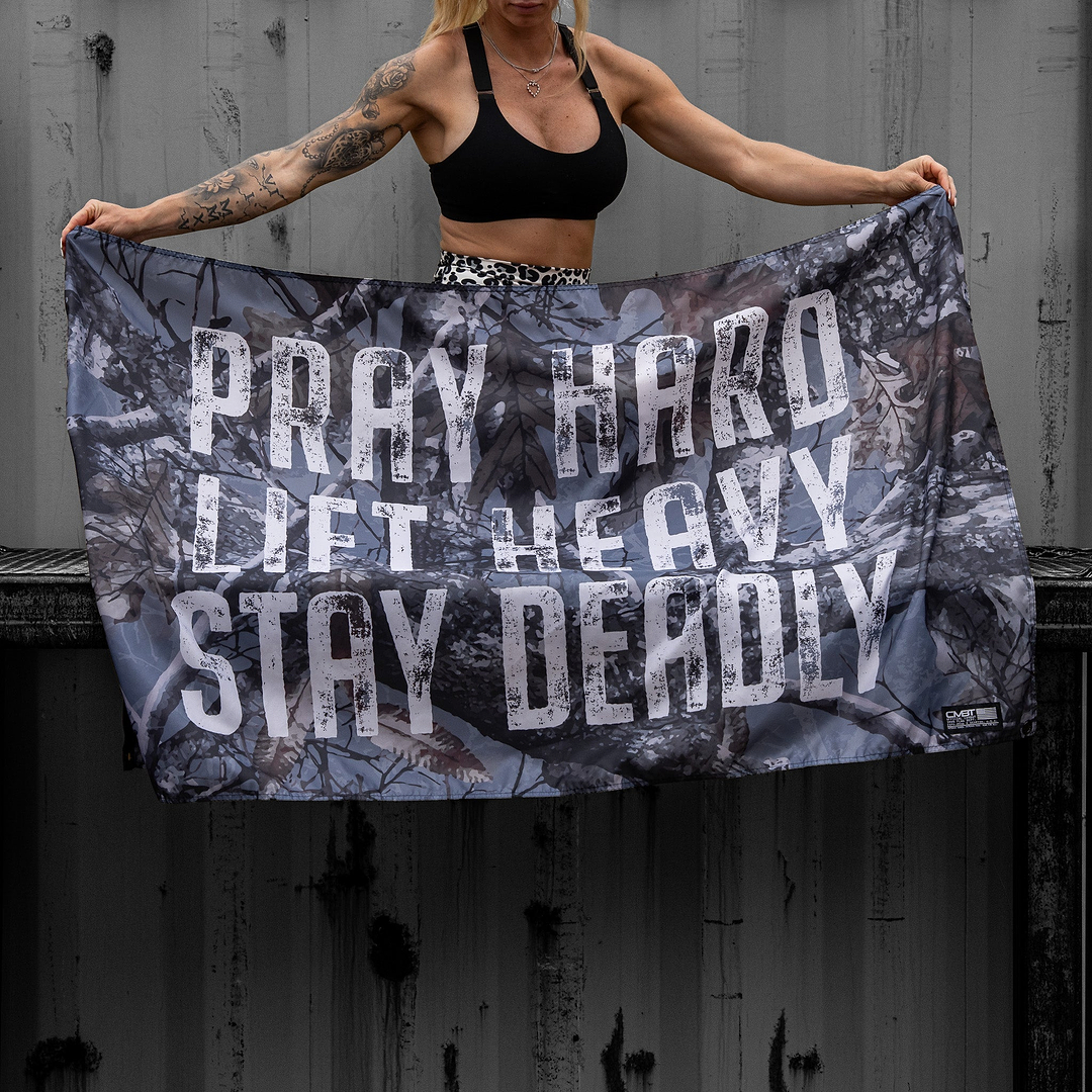 Pray Hard. Lift Heavy. Stay Deadly. 3' x 5' Flag