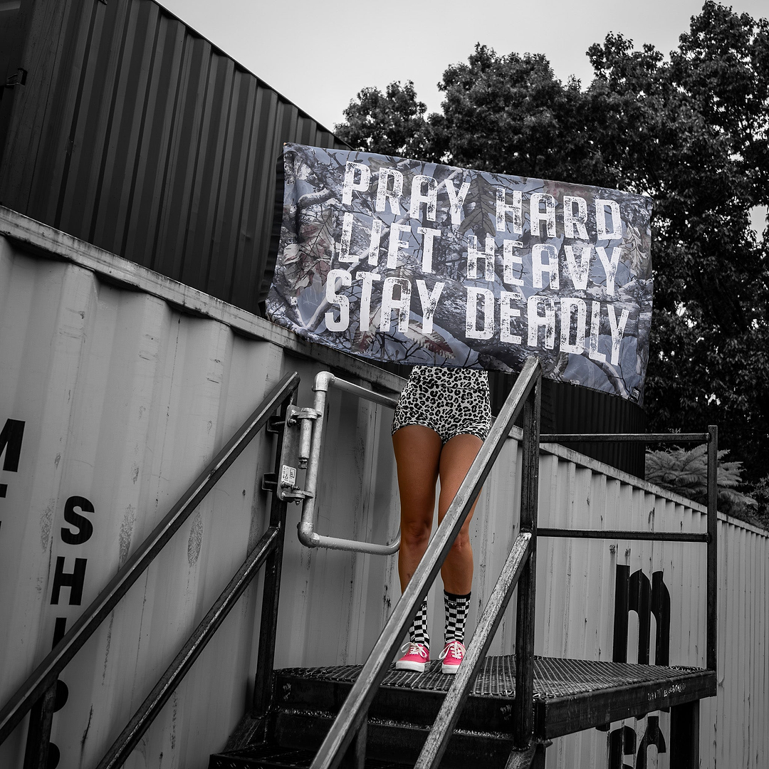 Pray Hard. Lift Heavy. Stay Deadly. 3' x 5' Flag