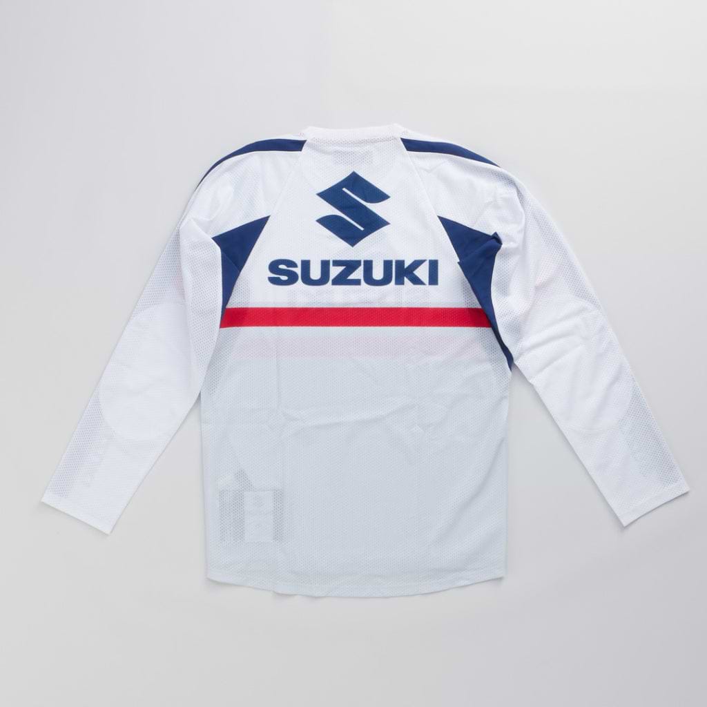 レア！ビンテージUSA製 SUZUKI モトクロスシャツ ロンT ホワイトM古着 SUZUKI×KUSHITANI コラボ モトクロスロングTシャツ【イエロー/ブルー