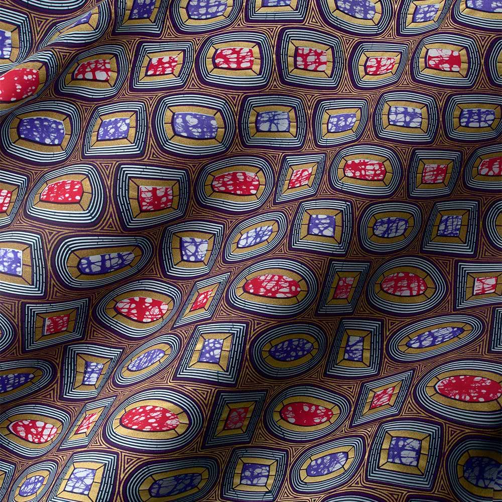 Floral pattern with metallic gold fan-shaped blooms on dark navy fabric.