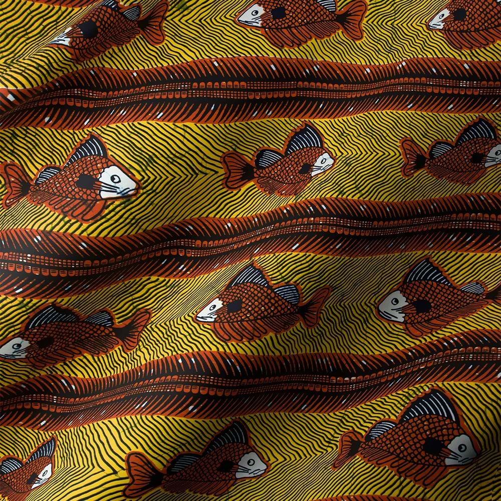 Yellow wax fabric with rows of orange fish
