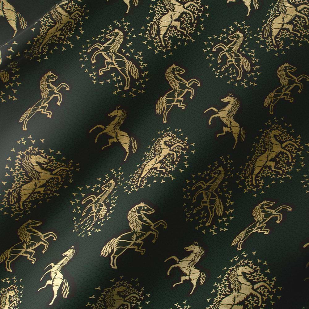 Elegant floral pattern with metallic gold fan-shaped blooms on dark navy fabric.