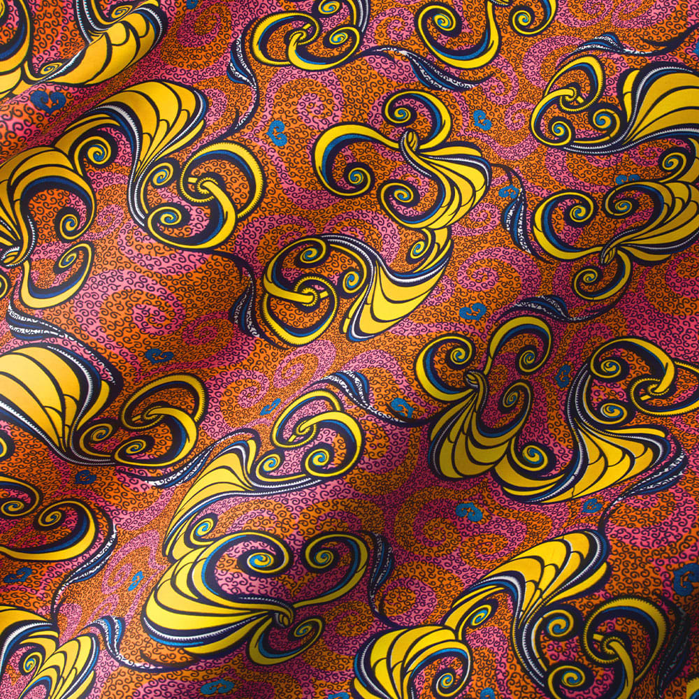 Vibrant floral pattern featuring overlapping feather-like leaves.