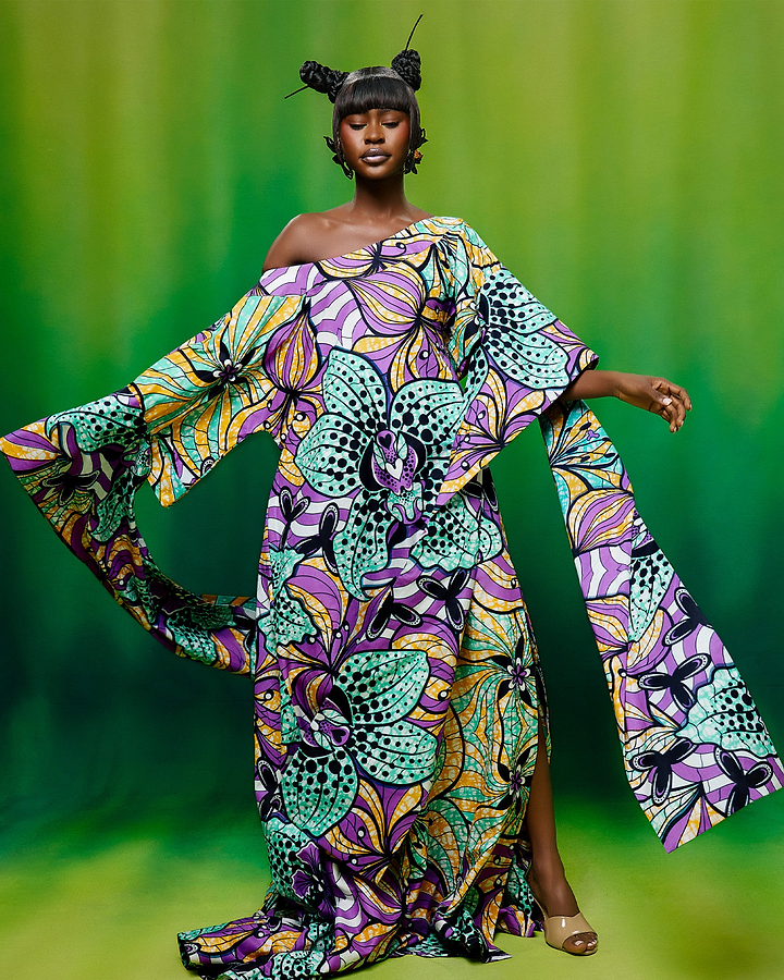 Vibrant off-the-shoulder maxi dress bold super-wax vls6516.001