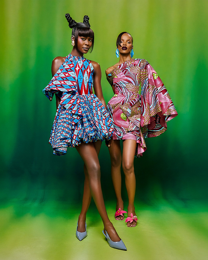 Two models wear vibrant asymmetrical grand super-wax vls6997.001