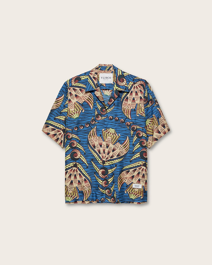 Vlisco blue short-sleeved shirt vibrant exclusive silks – camp collar vlam25005.601