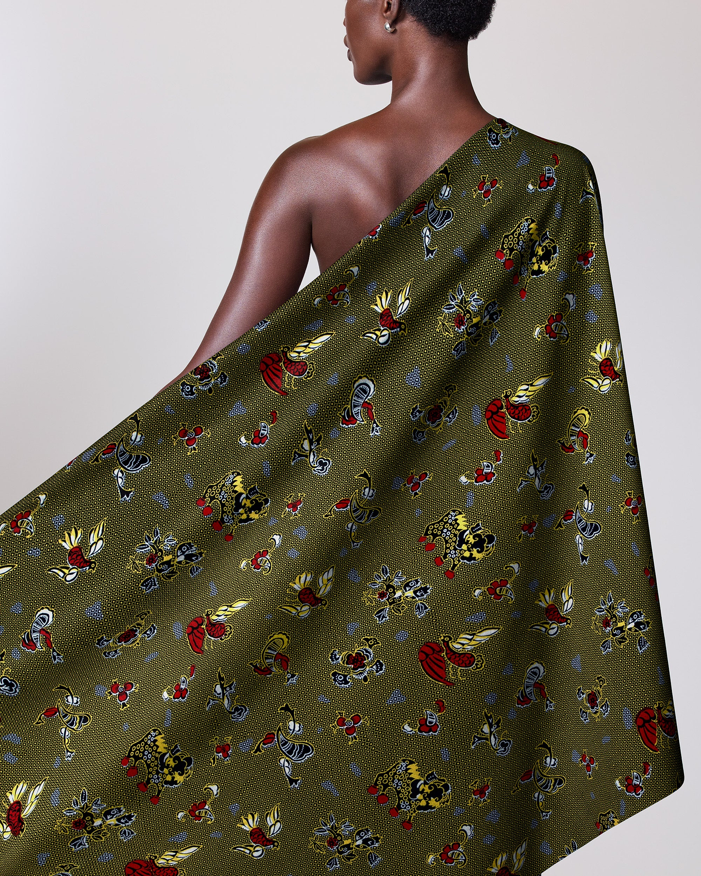 Olive-green patterned fabric draped person wax hollandais vl00535.137