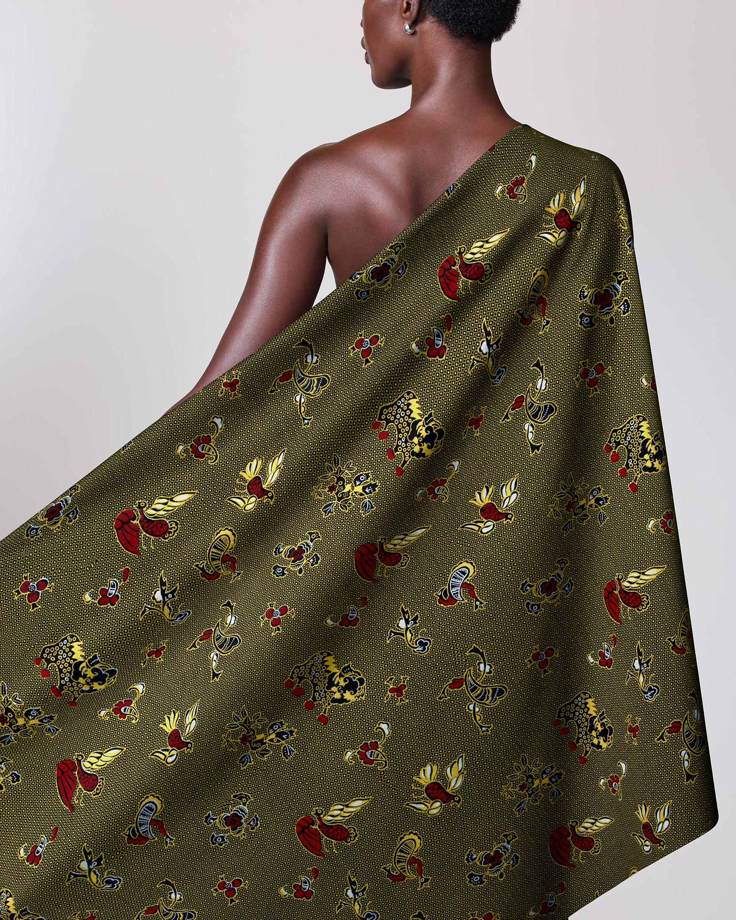 Olive-green patterned fabric draped person wax hollandais vl00535.139
