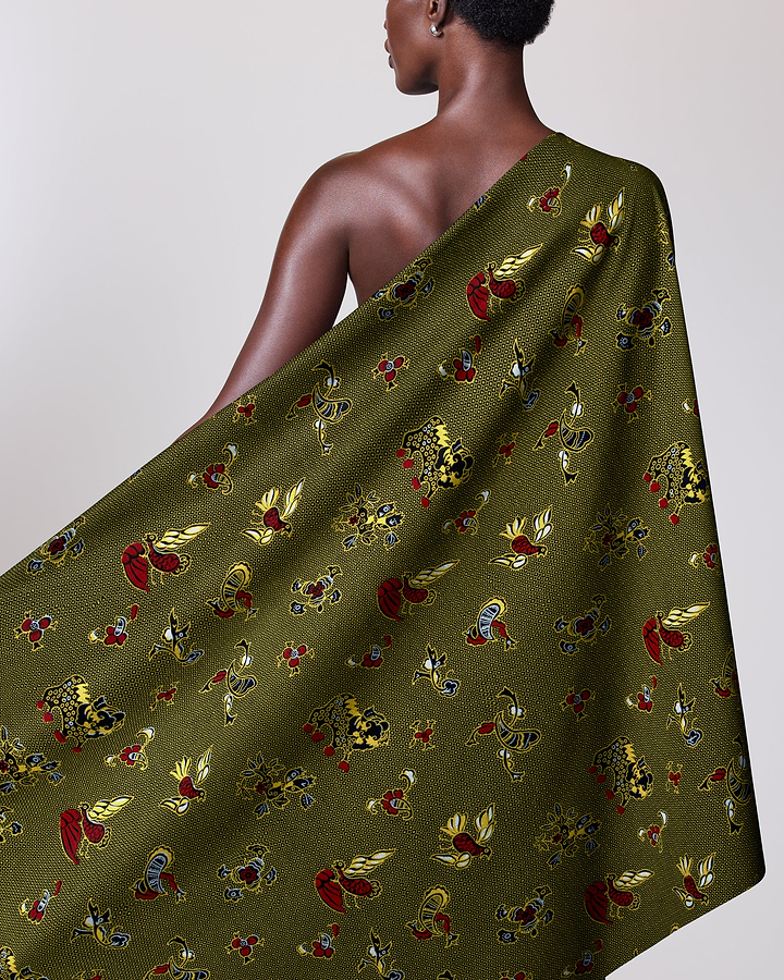 Olive-green patterned fabric draped person wax hollandais vl00535.139