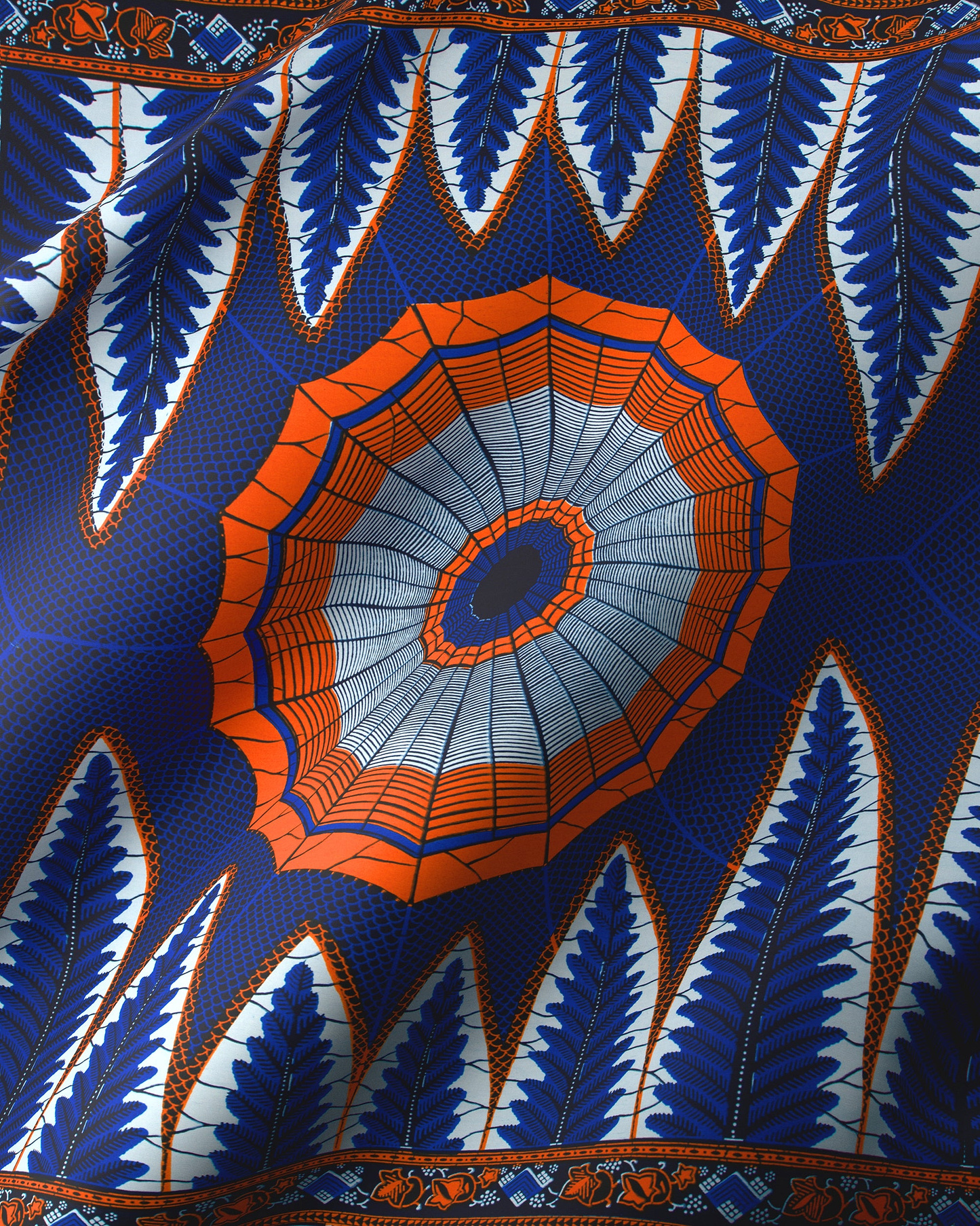 Vibrant blue orange geometric-patterned fabric wax hollandais vl00549.207