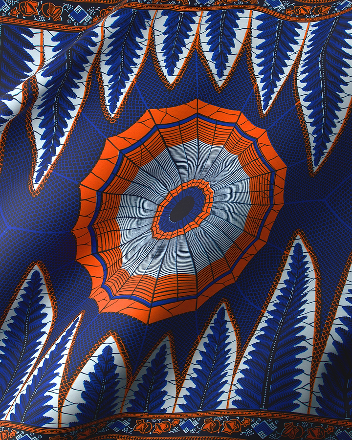 Vibrant blue orange geometric-patterned fabric wax hollandais vl00549.207