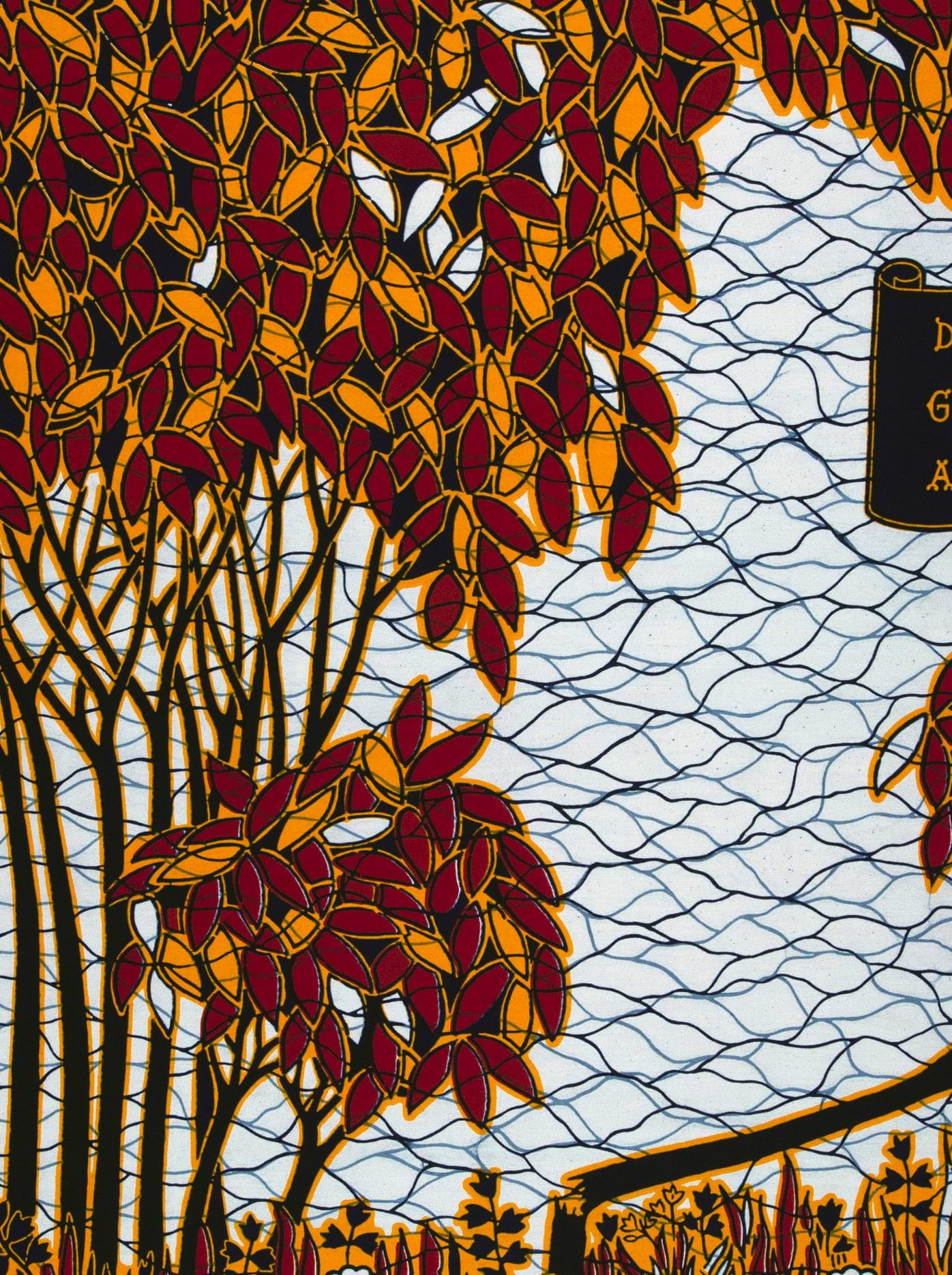 Vibrant red gold leaf-patterned fabric wax hollandais vl00562.118