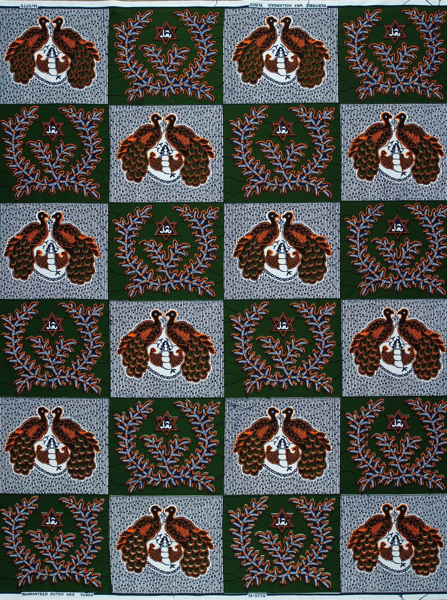 Fabric features pattern brown peacocks wax hollandais vl00770.101