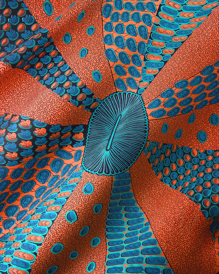 Vibrant orange teal patterned fabric wax hollandais vl00963.159