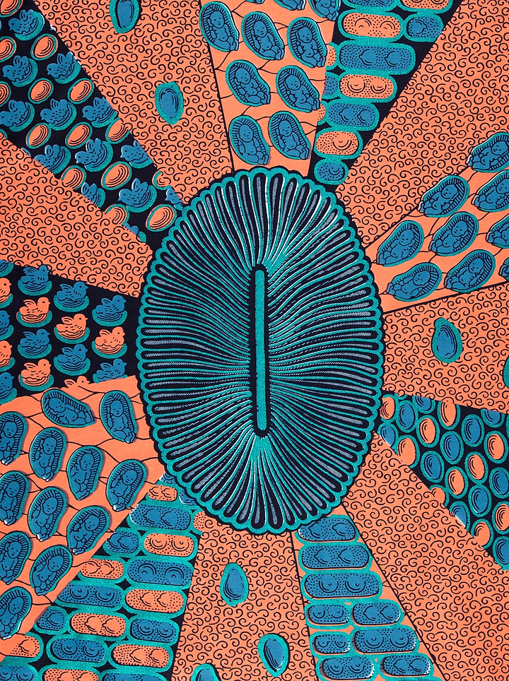Vibrant orange teal patterned fabric wax hollandais vl00963.159