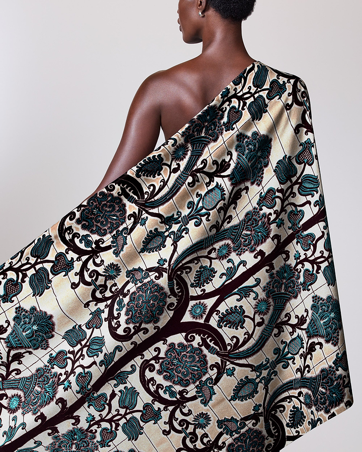 Off-white scarf intricate black teal wax glitterglam