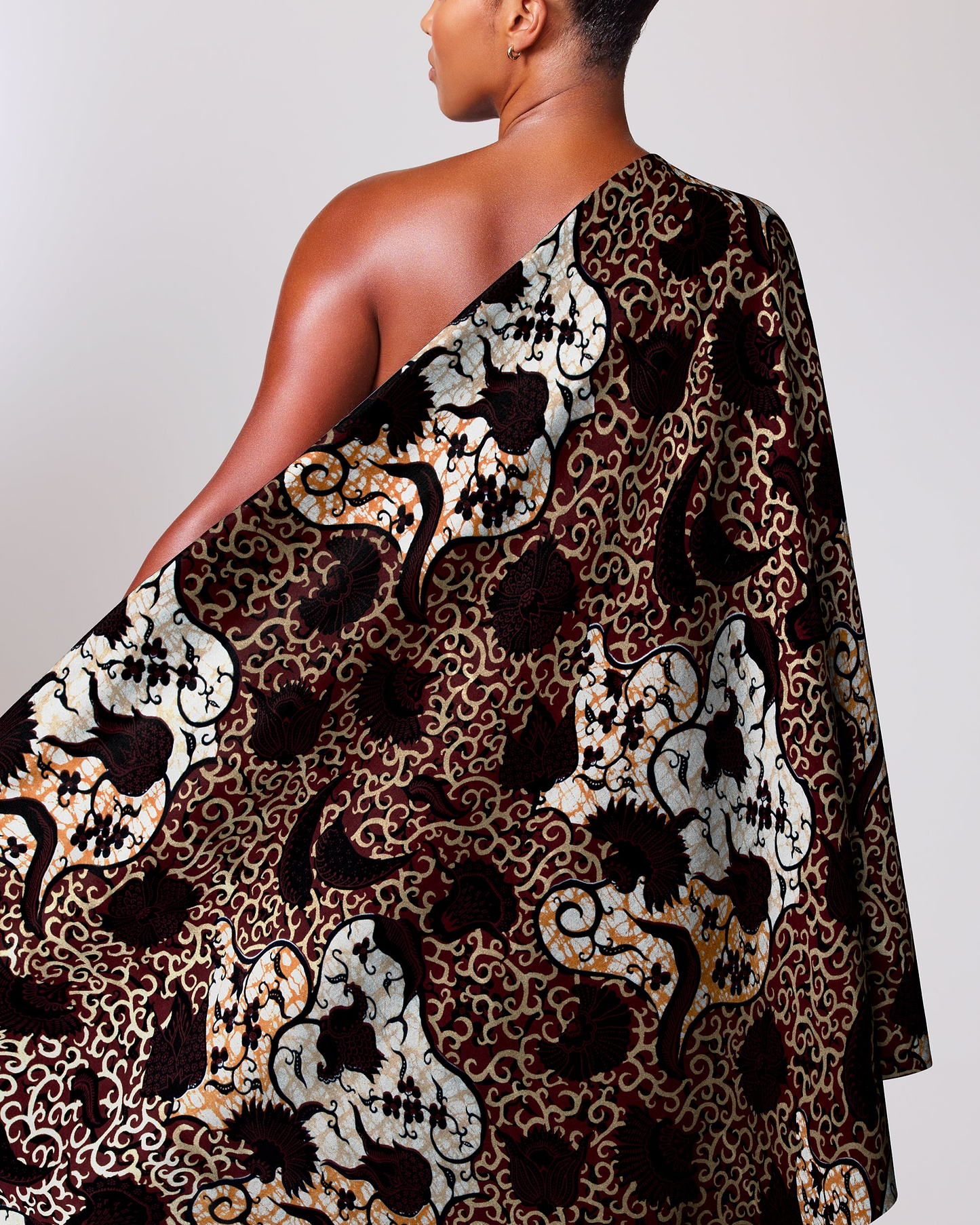 One-shoulder dress rich brown fabric super-wax vl02784.021