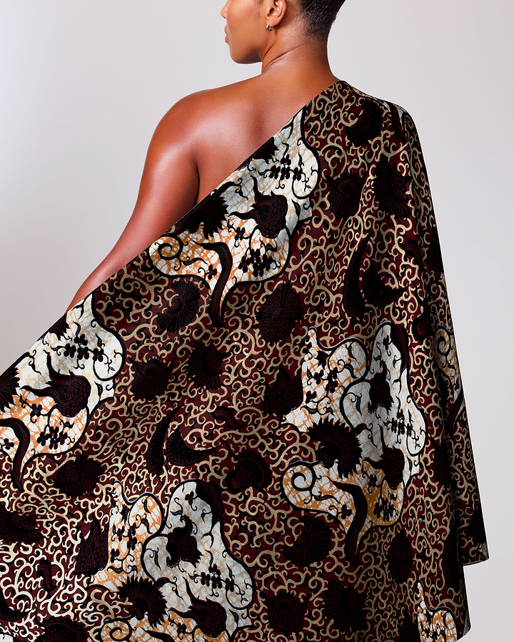 One-shoulder dress rich brown fabric super-wax vl02784.021