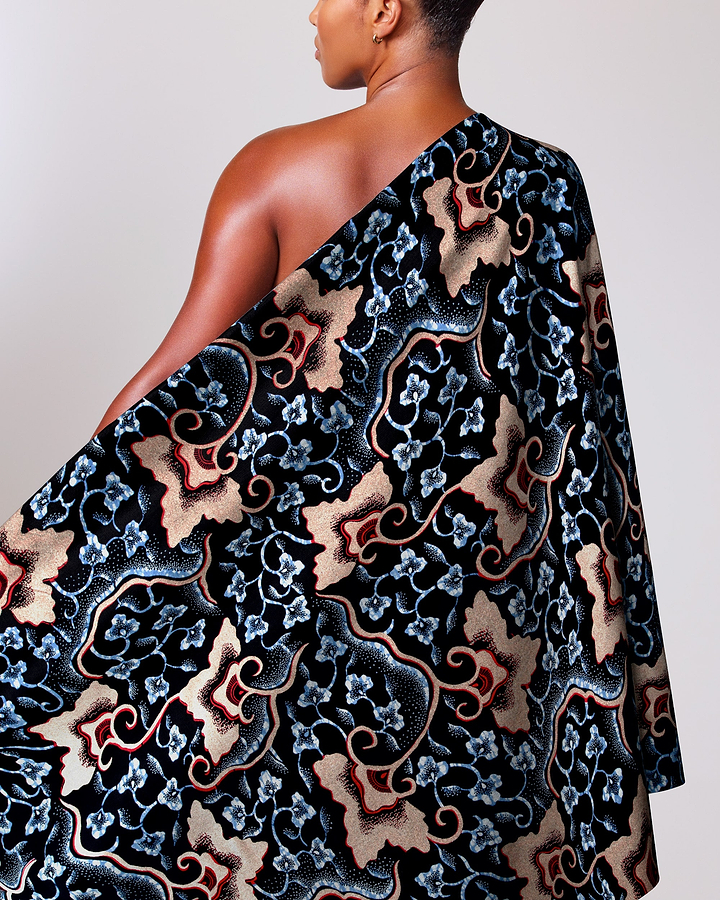 One-shoulder black velvet dress intricate wax hollandais vl03096.009