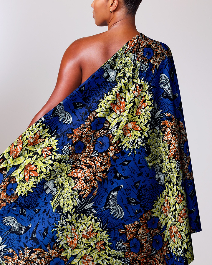 Vibrant blue one-shoulder dress adorned super-wax vl03241.216