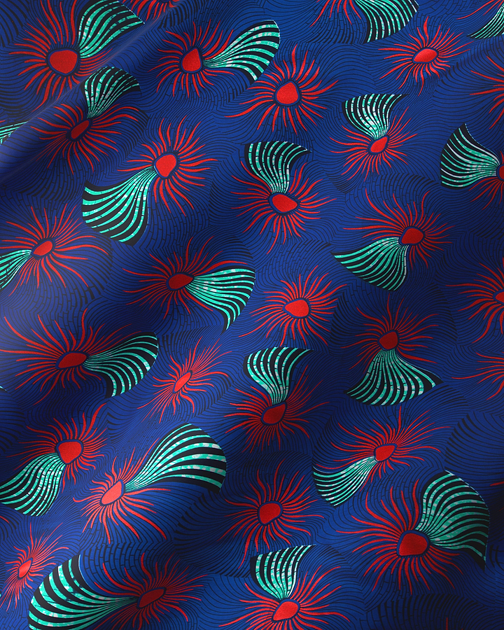 Vibrant blue fabric pattern red wax hollandais vl03586.122