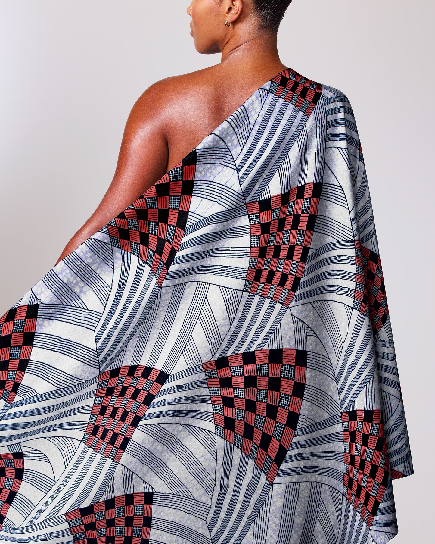 One-shoulder dress bold geometric print wax hollandais vl03595.042