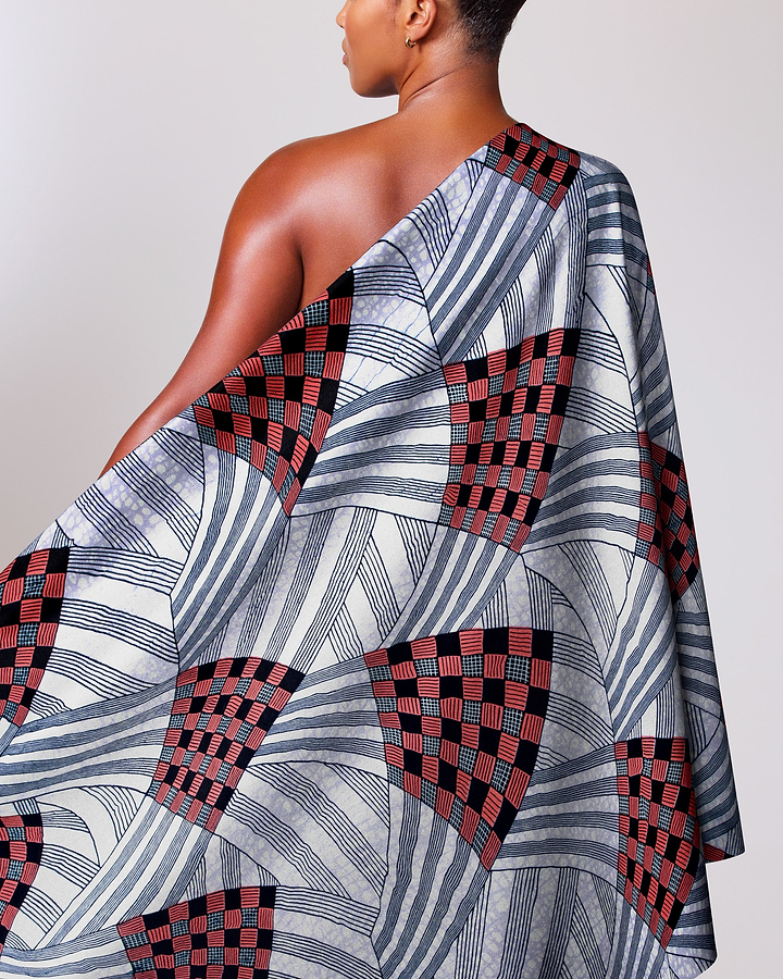 One-shoulder dress bold geometric print wax hollandais vl03595.042