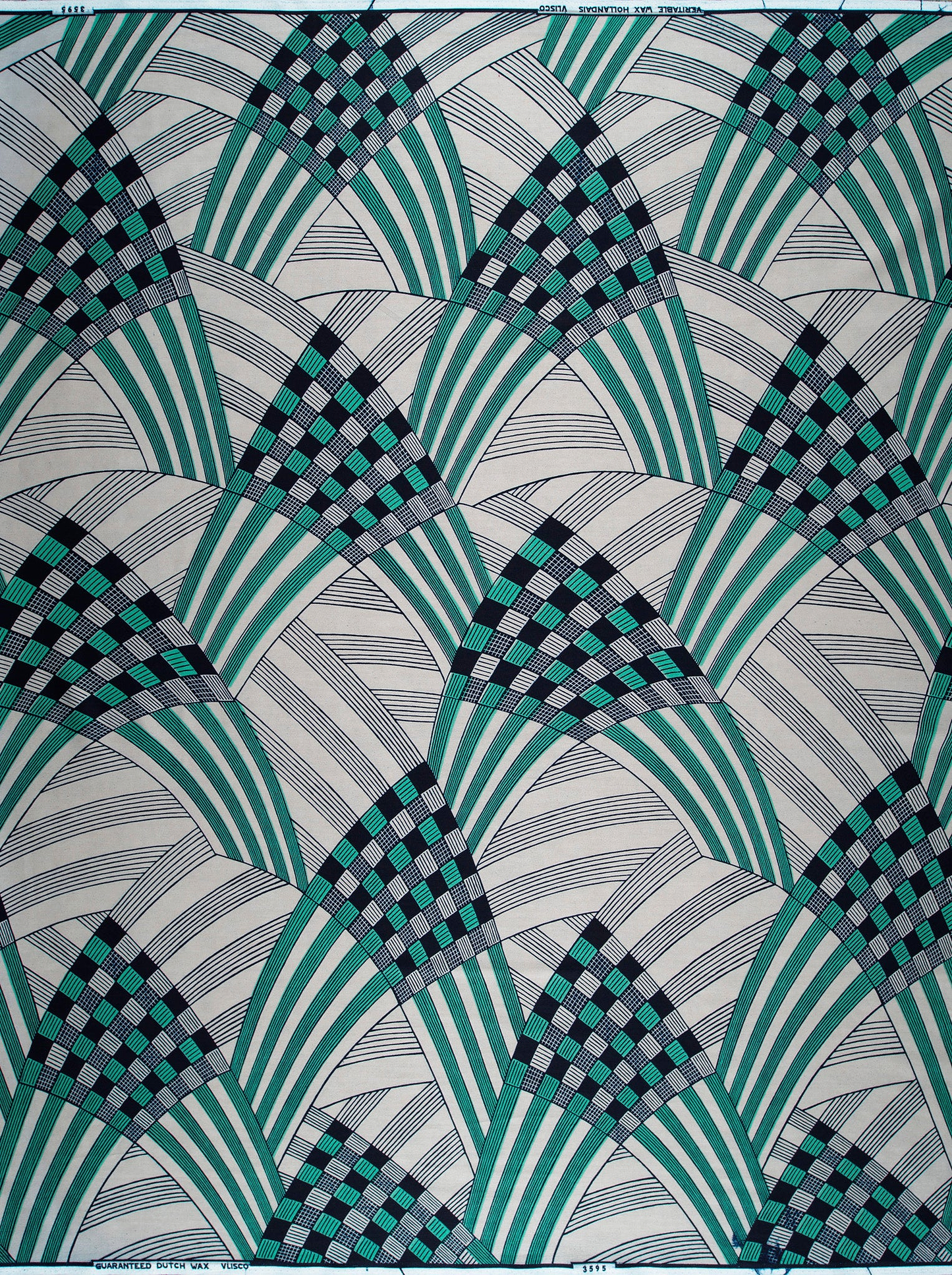 Art deco patterned fabric teal wax hollandais vl03595.043