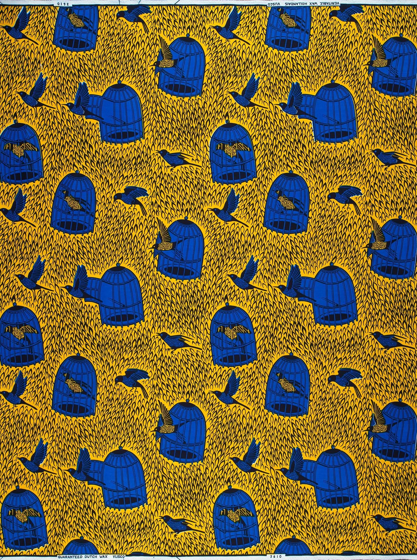 Vibrant blue birdcages birds printed wax hollandais vl03610.052