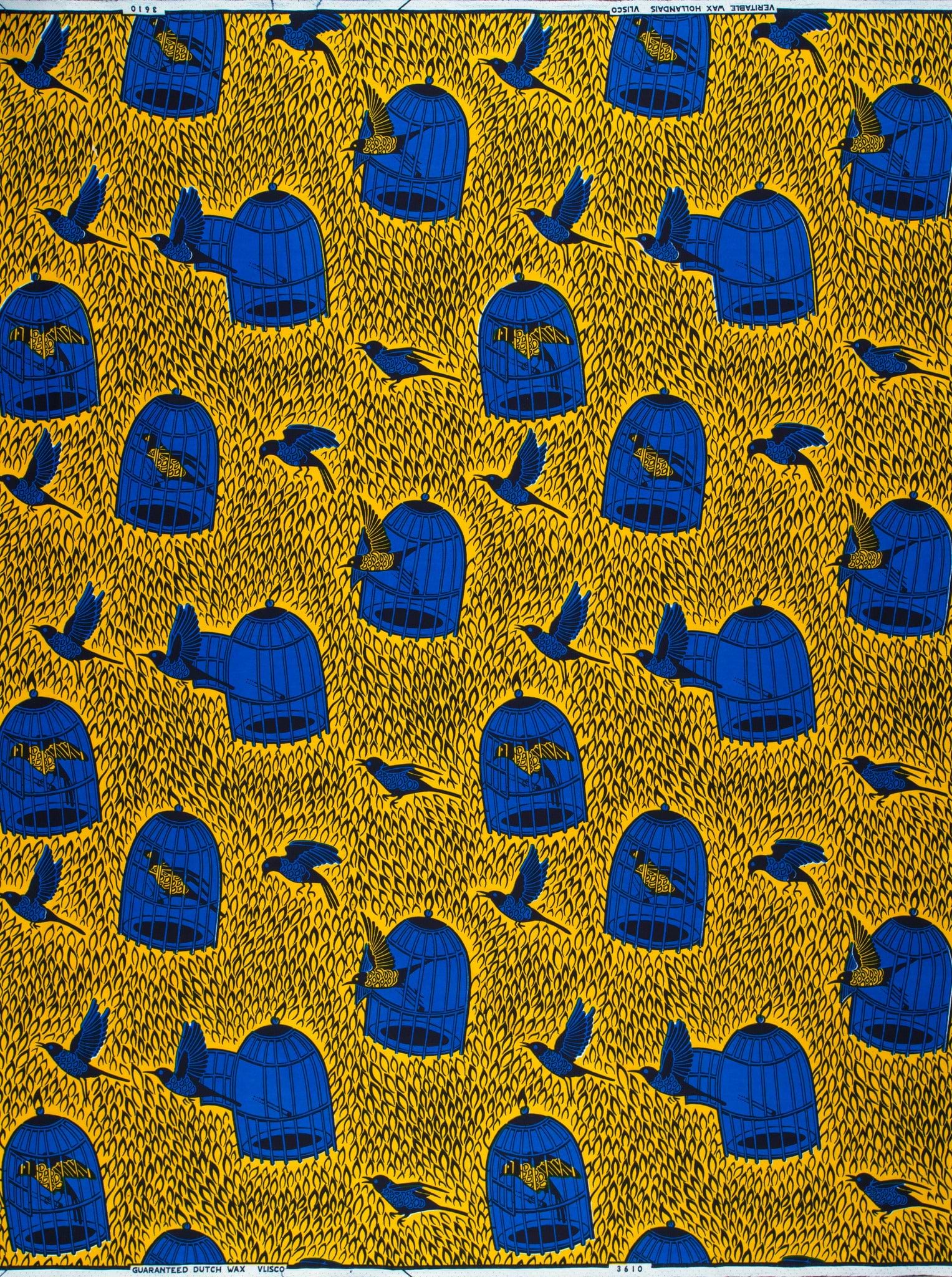 Vibrant blue birdcages birds printed wax hollandais vl03610.052