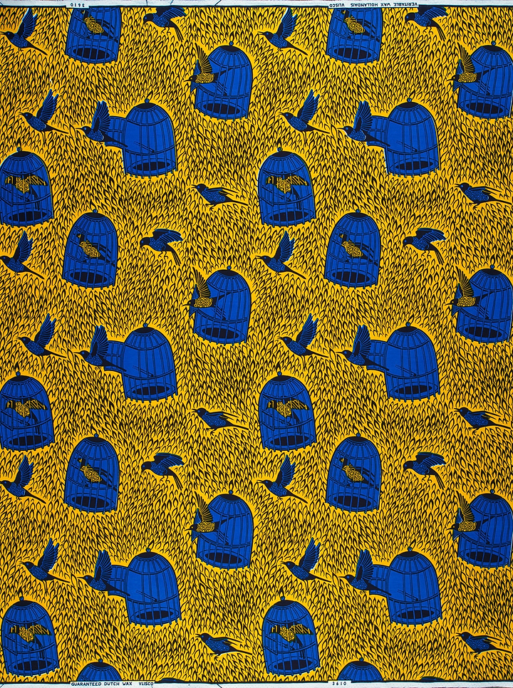Vibrant blue birdcages birds printed wax hollandais vl03610.052