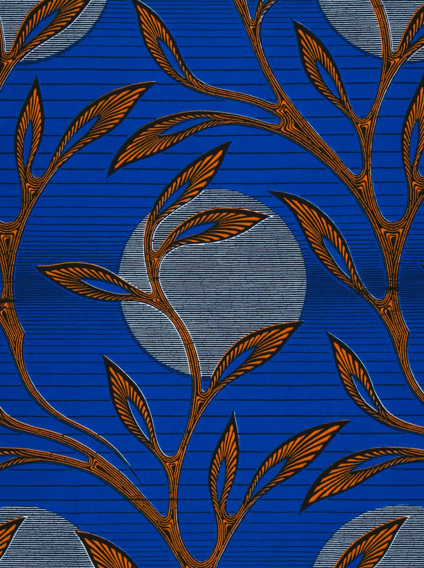 Blue fabric orange leaf pattern wax hollandais vl03639.212