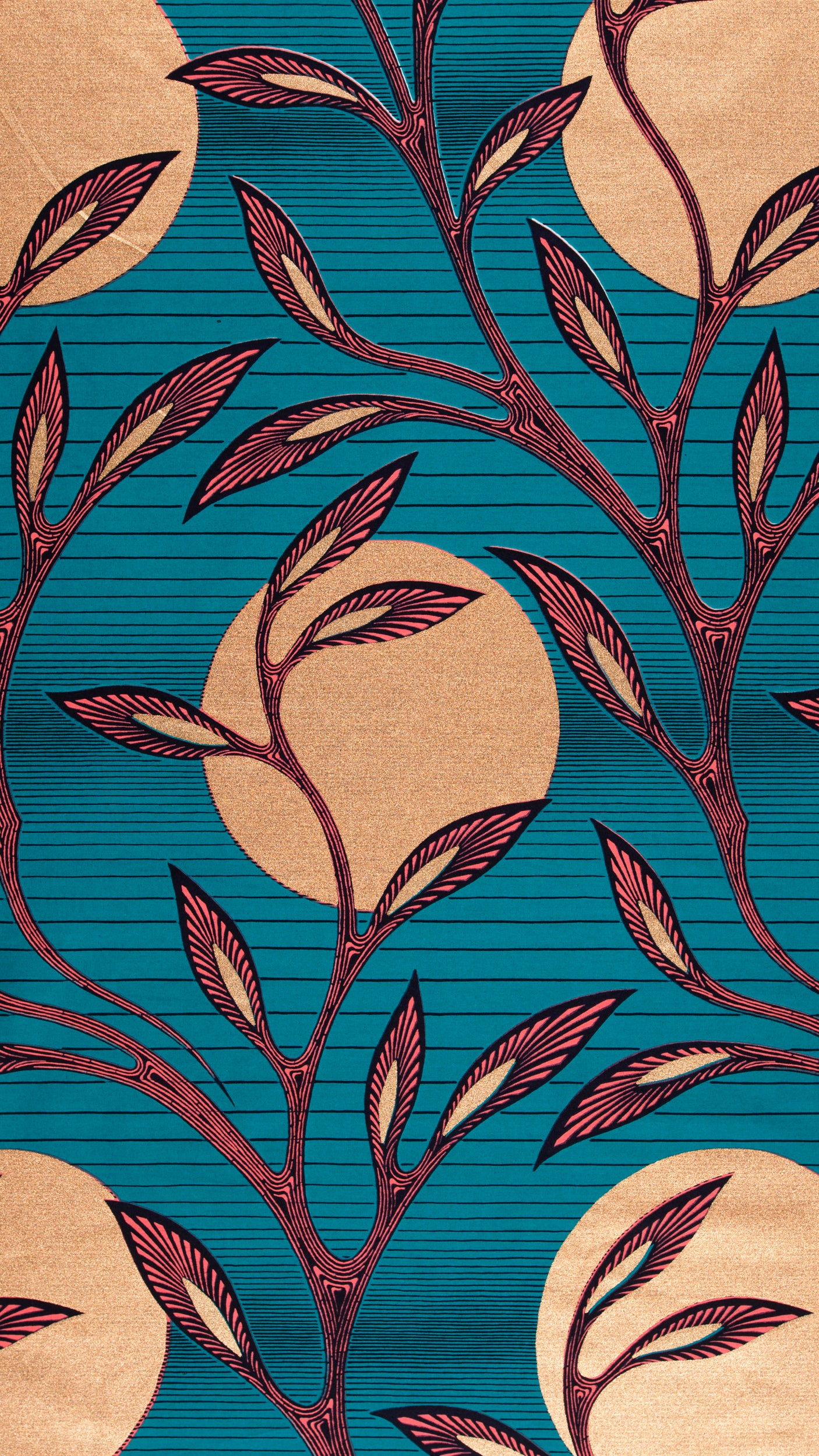 Teal fabric maroon leafy branches wax hollandais vl03639.252