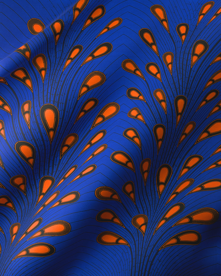 Blue fabric orange teardrop pattern wax hollandais vl03739.114