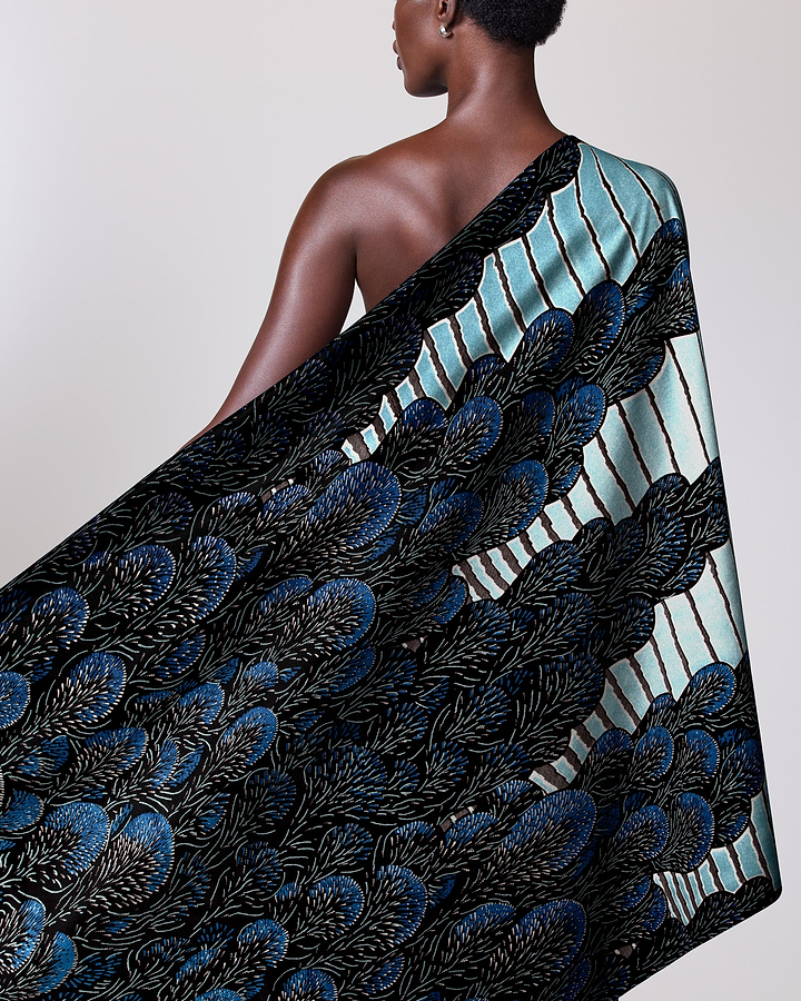 Black blue patterned fabric draped wax glitterglam vl03762.013