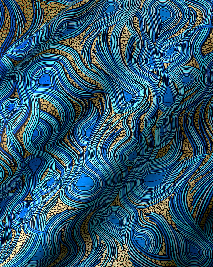 Blue gold abstract wave-patterned fabric wax hollandais vl04202.018