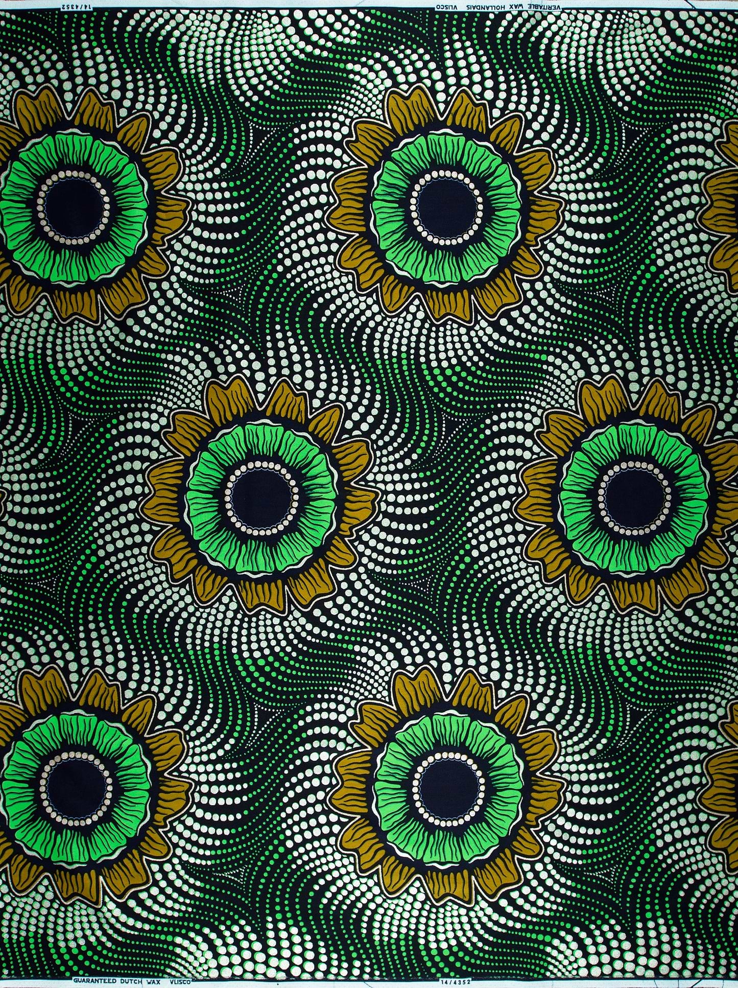 Vibrant green gold sunflower-patterned african wax hollandais vl04352.010