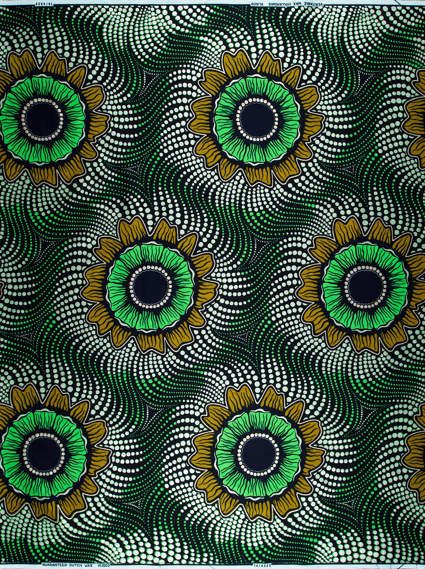 Vibrant green gold sunflower-patterned african wax hollandais vl04352.010