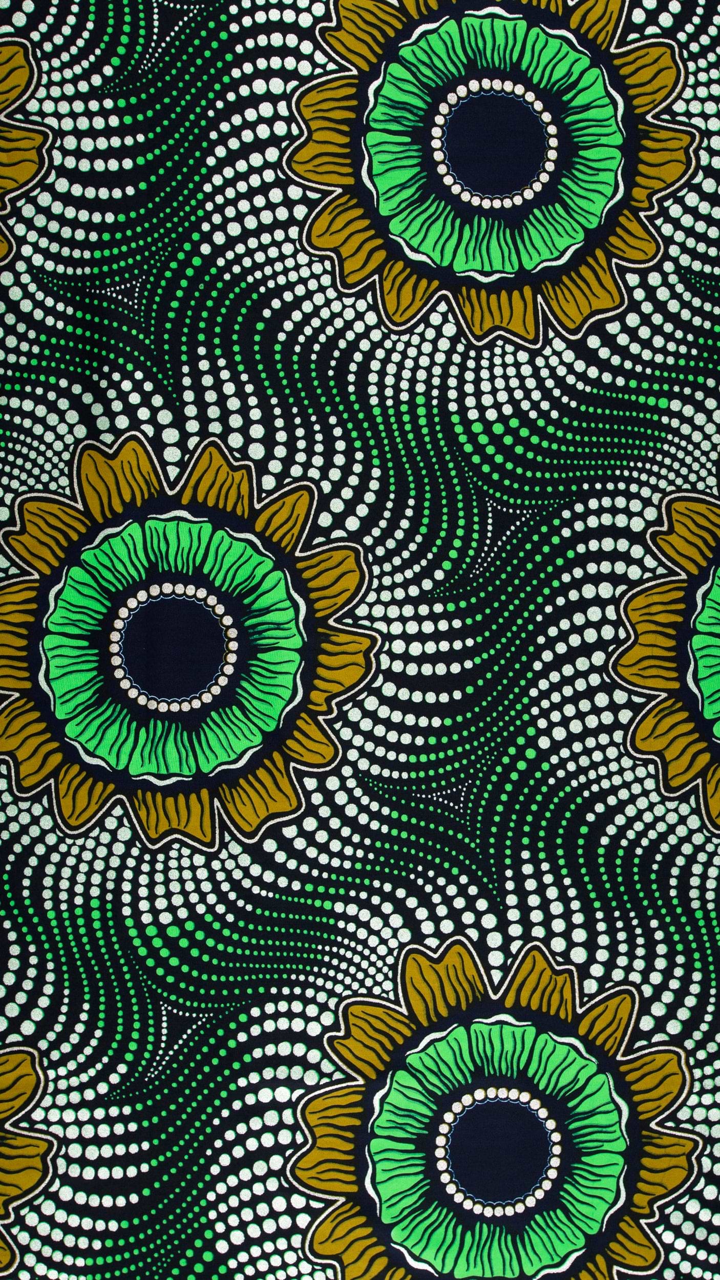 Vibrant green gold sunflower-patterned fabric wax hollandais vl04352.010