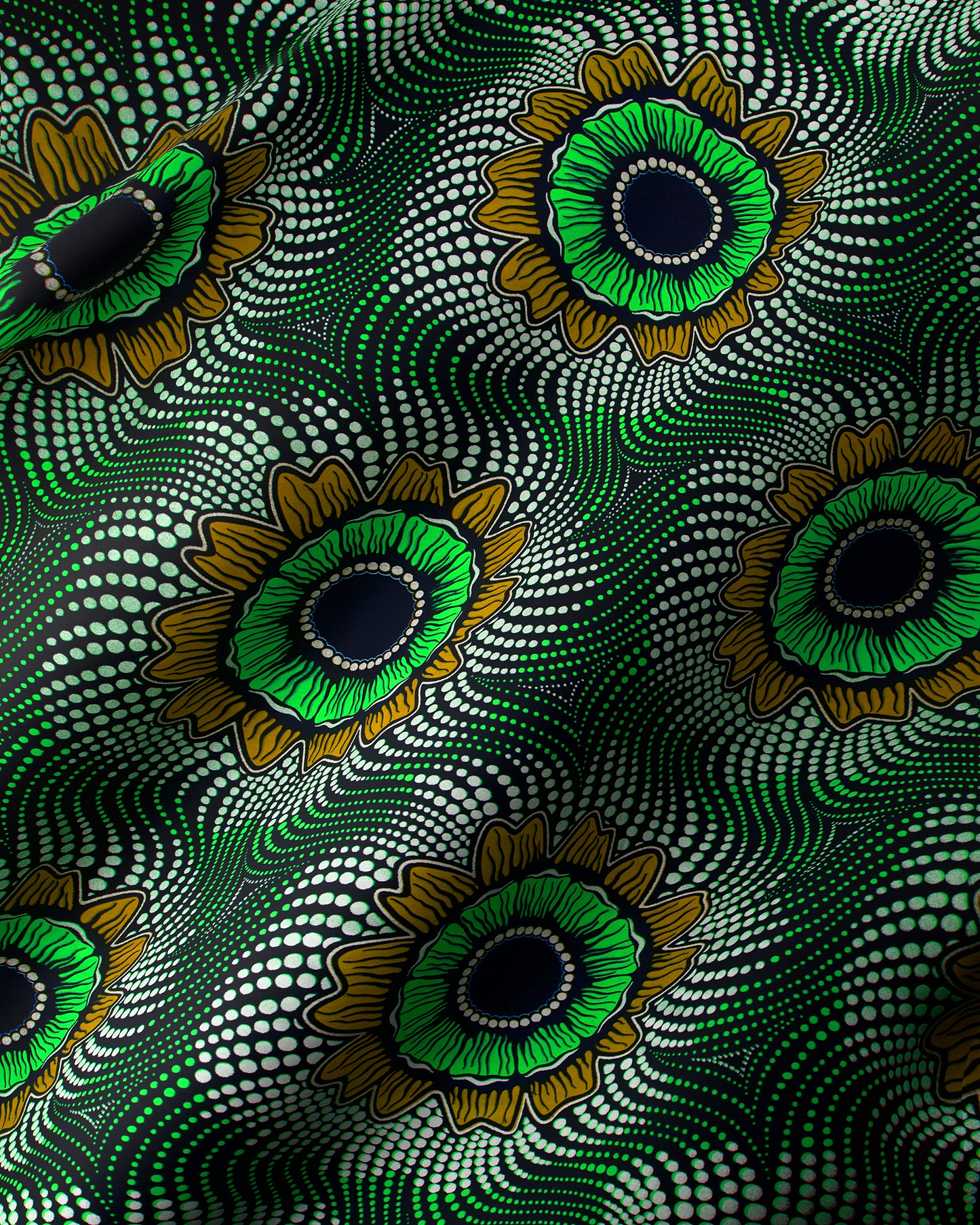 Vibrant green gold sunflower-patterned fabric wax hollandais vl04352.010
