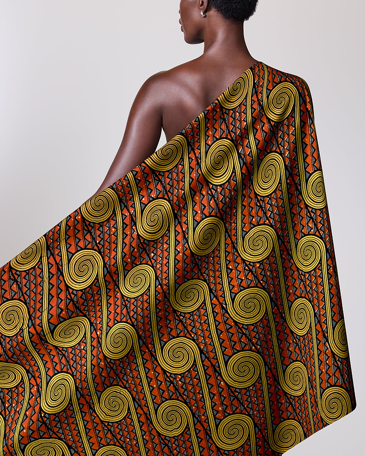 Vibrant orange gold patterned fabric wax hollandais vl04531.024