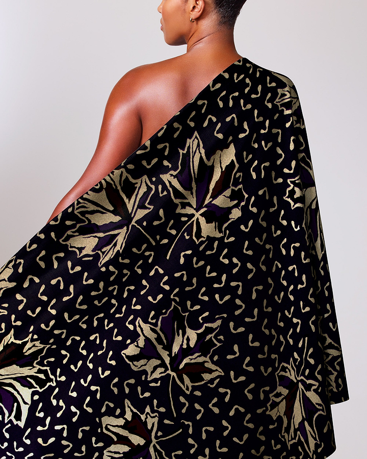 Black one-shoulder dress gold leaf sky wax vl04735.096